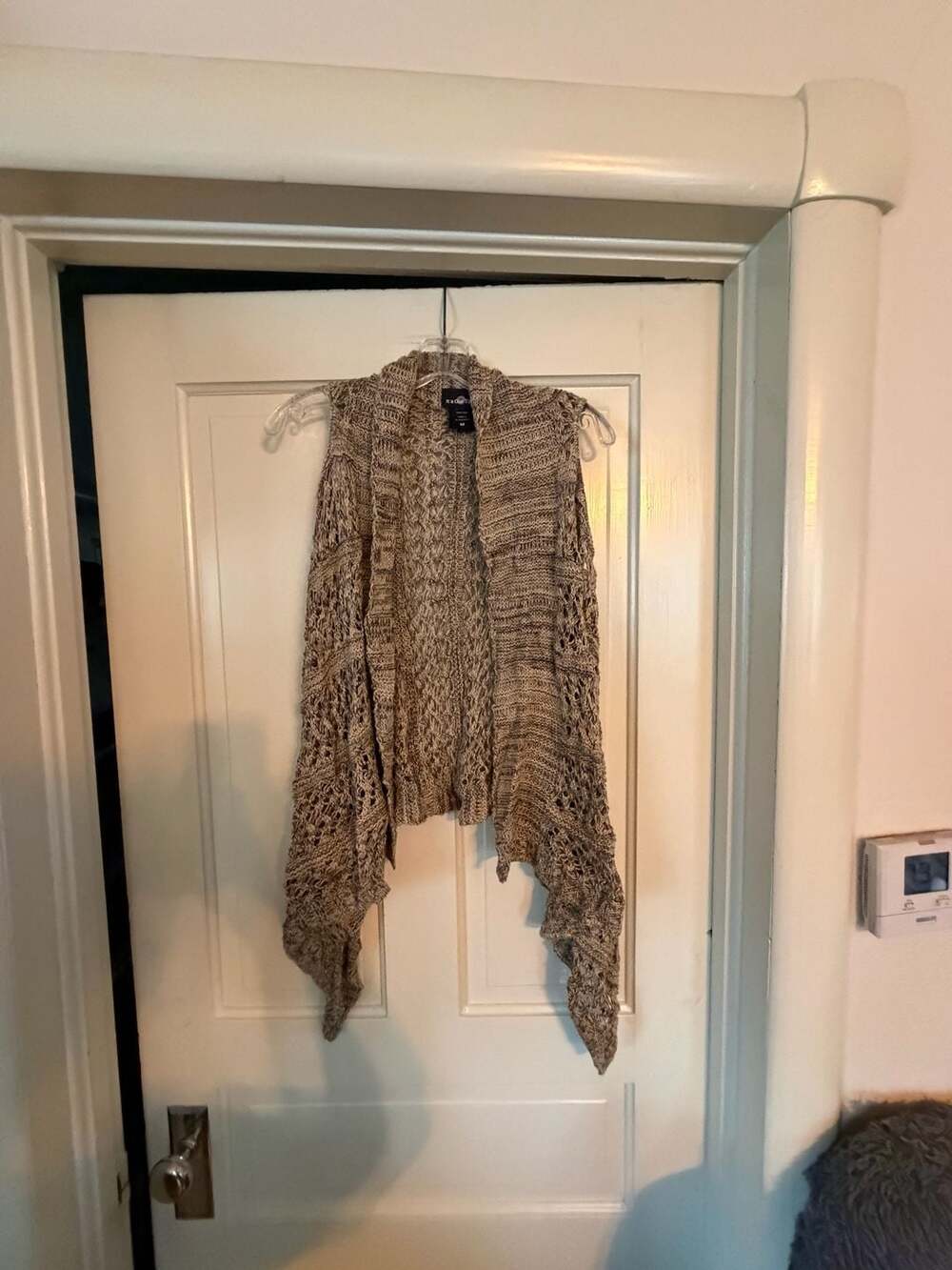Its Our Time Crochet Open Front Cardigan Size M Tan Asymmetrical Vest